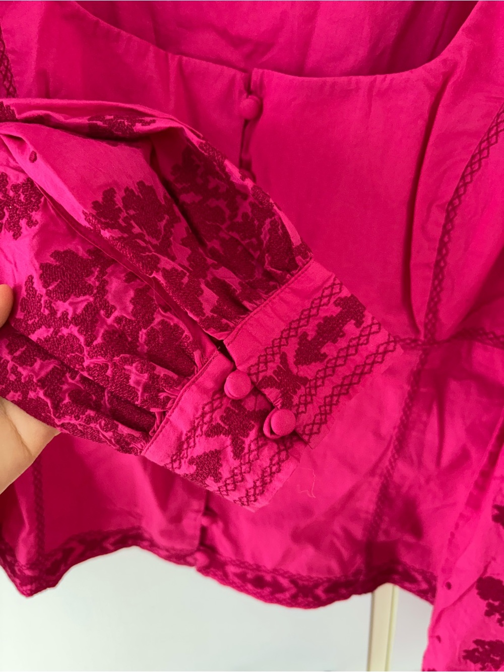 Wilfred La Bohème Fuchsia Embroidered Peasant Blouse Cottagecore Puff Sleeves - Picture 4 of 12
